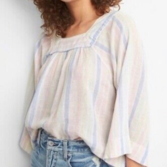Gap Woman LINEN Multi Stripe Blouse Raglan Sleeve sTop Size L - Picture 13 of 14